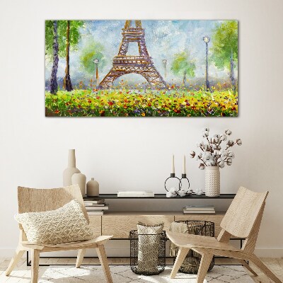 Glasbild Der Eiffelturm in floraler Umgebung