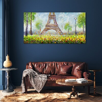 Glasbild Der Eiffelturm in floraler Umgebung