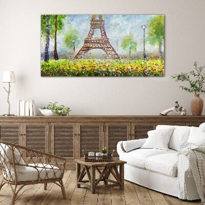 Glasbild Der Eiffelturm in floraler Umgebung
