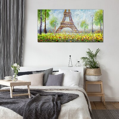 Glasbild Der Eiffelturm in floraler Umgebung