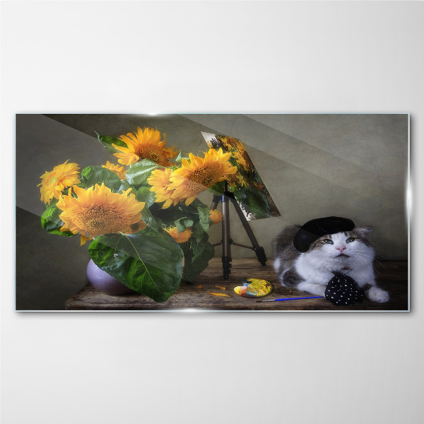 Glasbild Katzen und Sonnenblumen
