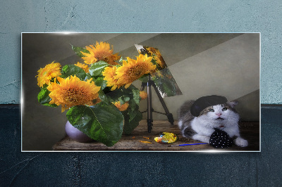 Glasbild Blumen Tierkatze