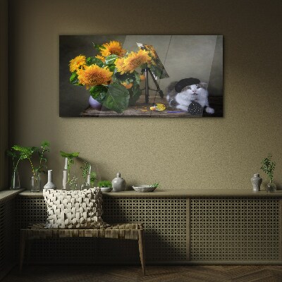 Glasbild Blumen Tierkatze