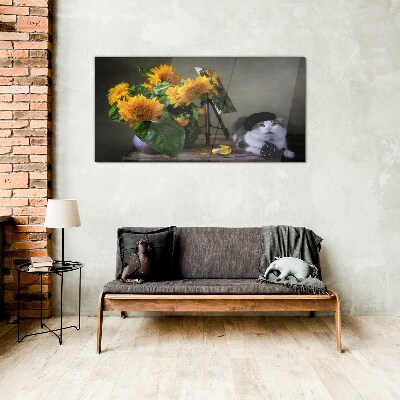 Glasbild Katzen und Sonnenblumen