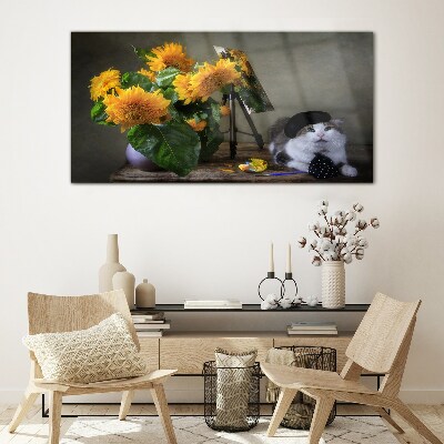 Glasbild Katzen und Sonnenblumen