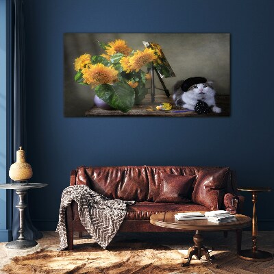 Glasbild Katzen und Sonnenblumen