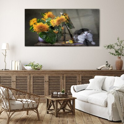 Glasbild Katzen und Sonnenblumen