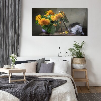Glasbild Katzen und Sonnenblumen