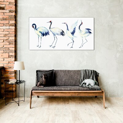 Glasbild Tanzende Kraniche in Aquarell