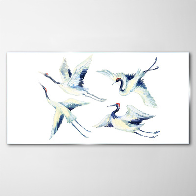 Glasbild Tanzende Kraniche im Blau