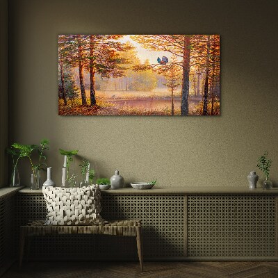 Glasbild Herbstlandschaft mit Vögeln