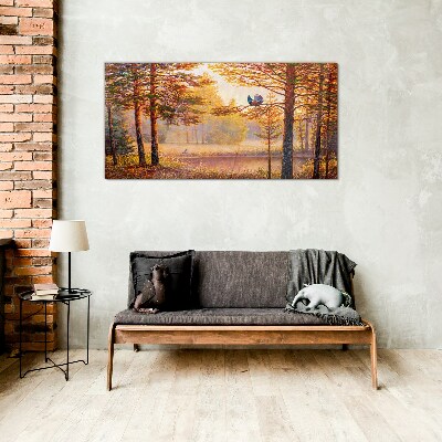 Glasbild Herbstlandschaft mit Vögeln