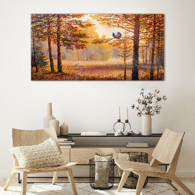Glasbild Herbstlandschaft mit Vögeln
