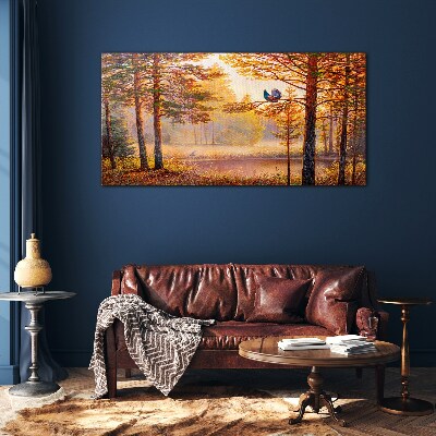 Glasbild Herbstlandschaft mit Vögeln