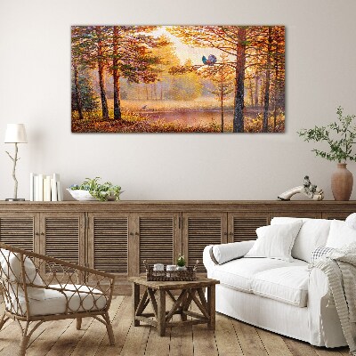 Glasbild Herbstlandschaft mit Vögeln