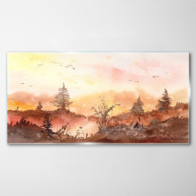 Glasbild Sonnenuntergang über einer Waldlandschaft