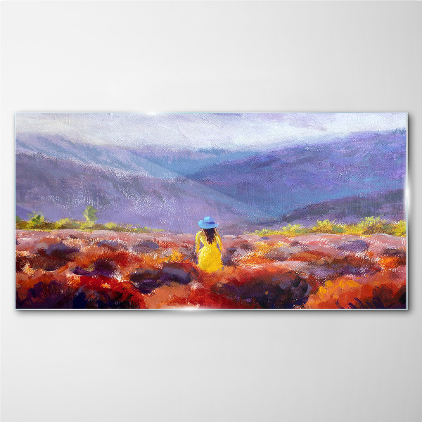 Glasbild Frau in einer violetten Landschaft