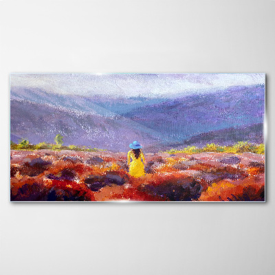 Glasbild Frau in einer violetten Landschaft