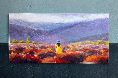 Glasbild Frau in einer violetten Landschaft