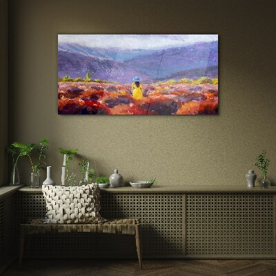 Glasbild Frau in einer violetten Landschaft