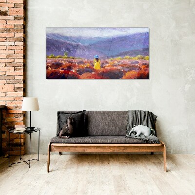 Glasbild Frau in einer violetten Landschaft