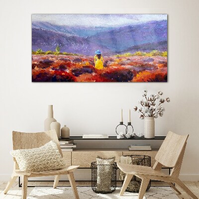 Glasbild Frau in einer violetten Landschaft
