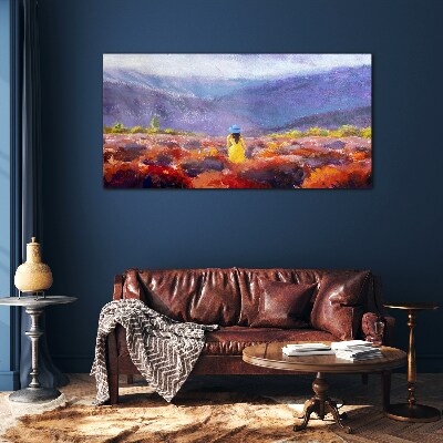 Glasbild Frau in einer violetten Landschaft
