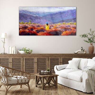 Glasbild Frau in einer violetten Landschaft