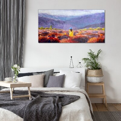 Glasbild Frau in einer violetten Landschaft
