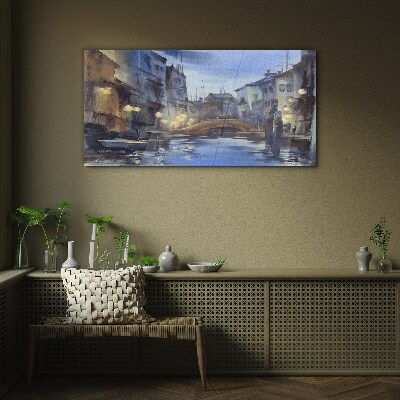 Glasbild Abendlandschaft über dem Wasser