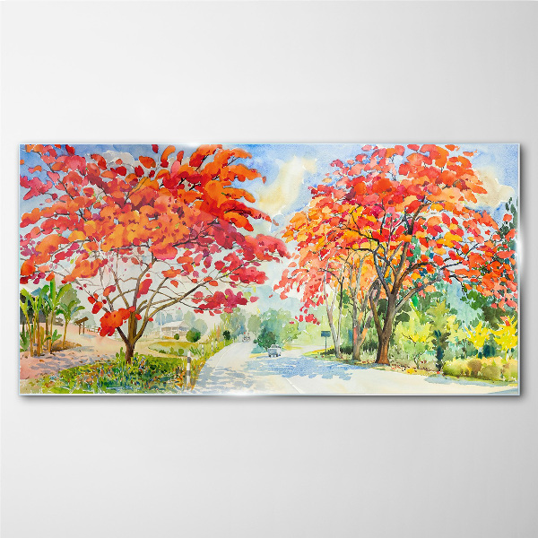 Glasbild Herbstbäume in der Farbe des Feuers