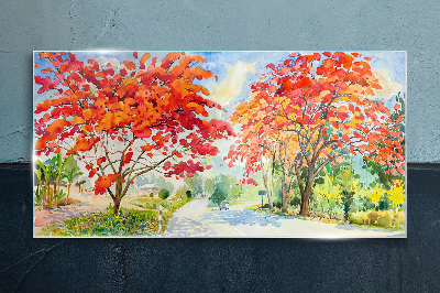 Glasbild Herbstbäume in der Farbe des Feuers