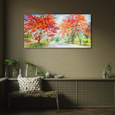 Glasbild Herbstbäume in der Farbe des Feuers