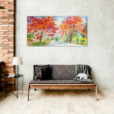 Glasbild Herbstbäume in der Farbe des Feuers