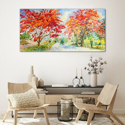 Glasbild Herbstbäume in der Farbe des Feuers