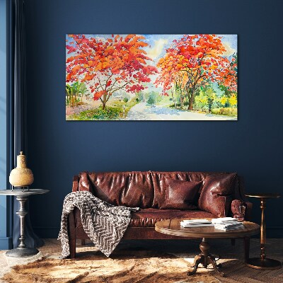 Glasbild Herbstbäume in der Farbe des Feuers