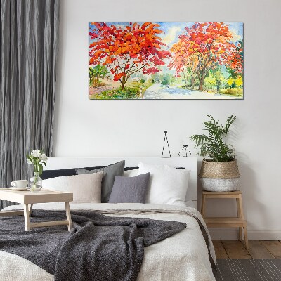 Glasbild Herbstbäume in der Farbe des Feuers