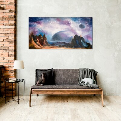 Glasbild Weltraumlandschaft mit einem Planeten