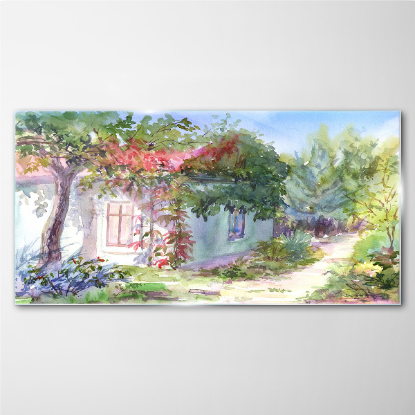 Glasbild Sommerlandschaft mit Haus und Bäumen