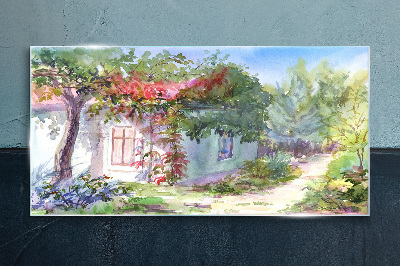 Glasbild Sommerlandschaft mit Haus und Bäumen