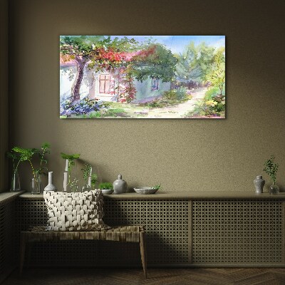 Glasbild Sommerlandschaft mit Haus und Bäumen