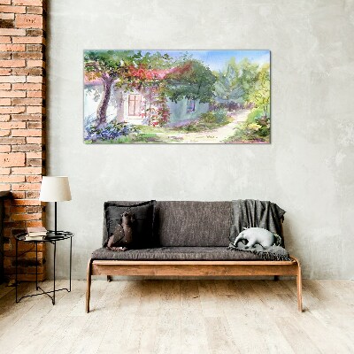 Glasbild Sommerlandschaft mit Haus und Bäumen