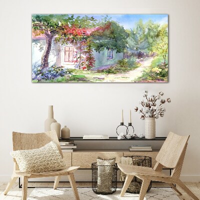 Glasbild Sommerlandschaft mit Haus und Bäumen