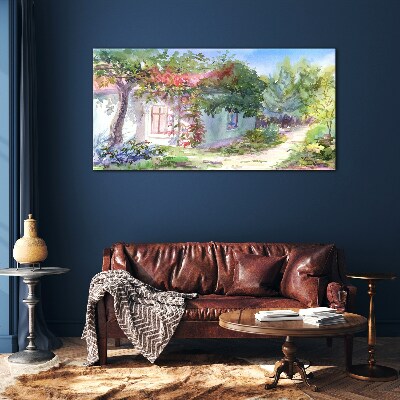 Glasbild Sommerlandschaft mit Haus und Bäumen