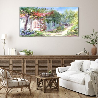 Glasbild Sommerlandschaft mit Haus und Bäumen