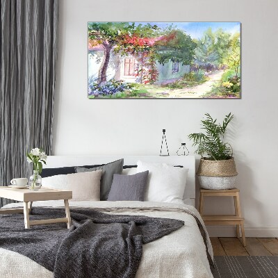 Glasbild Sommerlandschaft mit Haus und Bäumen