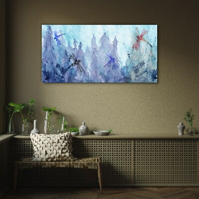 Glasbild Schlanke Libellen in einer Waldlandschaft