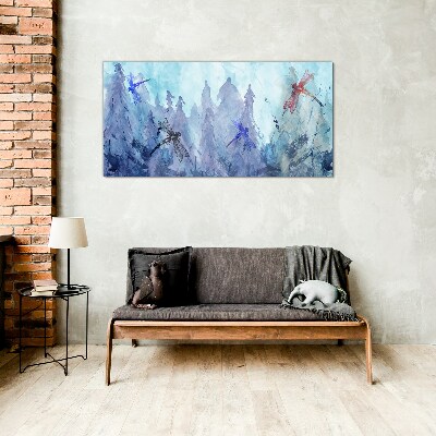 Glasbild Schlanke Libellen in einer Waldlandschaft
