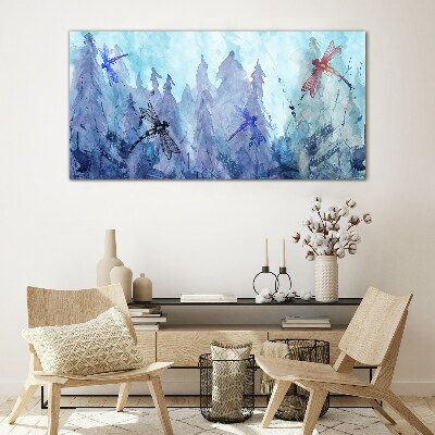 Glasbild Schlanke Libellen in einer Waldlandschaft