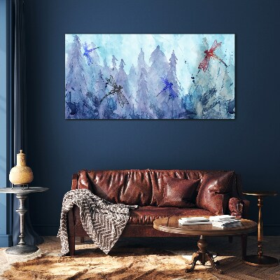 Glasbild Schlanke Libellen in einer Waldlandschaft